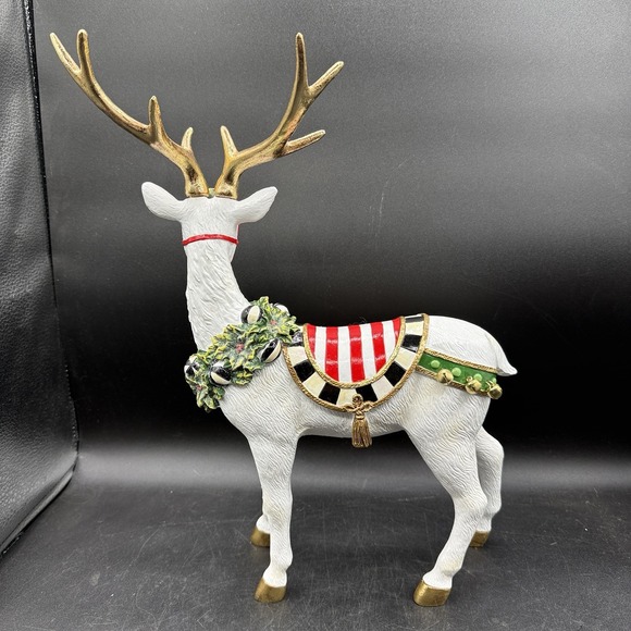 Mackenzie Childs Courtly Check Peppermint Reindeer Deer Standing Figurine White - Picture 7 of 15